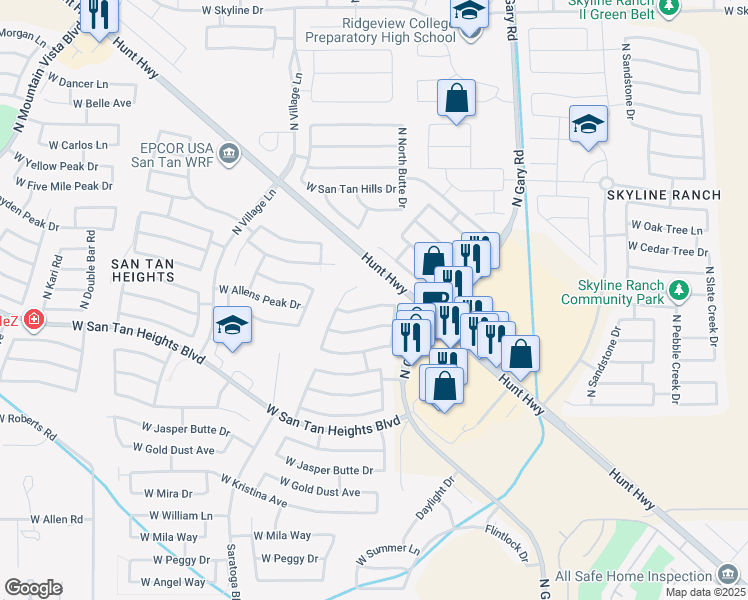 map of restaurants, bars, coffee shops, grocery stores, and more near 2006 West Hayden Peak Drive in Queen Creek