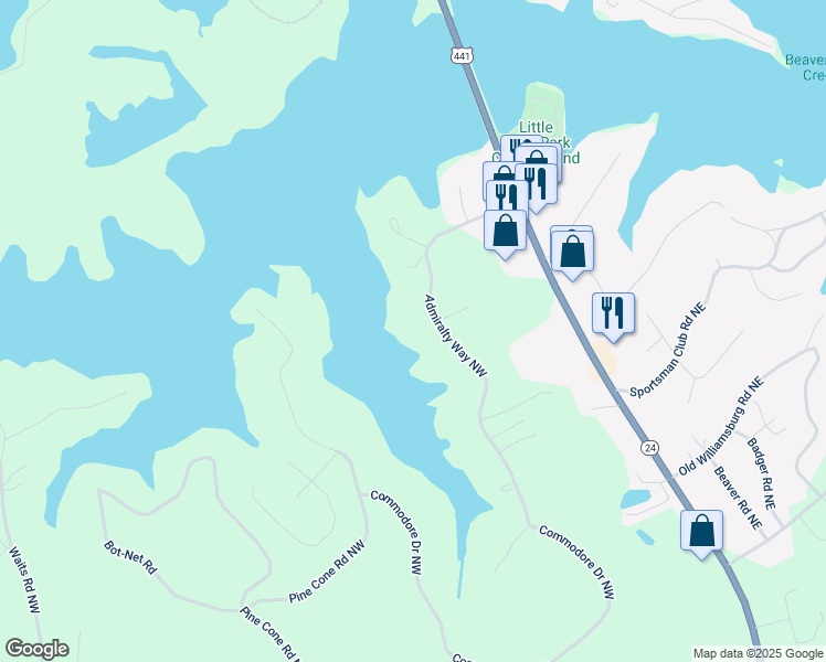 map of restaurants, bars, coffee shops, grocery stores, and more near 143 Admiralty Way Northwest in Milledgeville