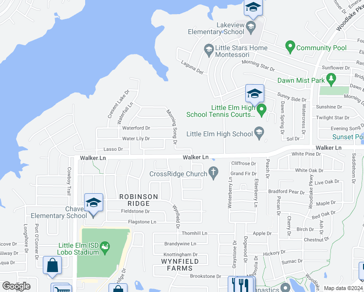 map of restaurants, bars, coffee shops, grocery stores, and more near 1513 Breeze Lane in Little Elm