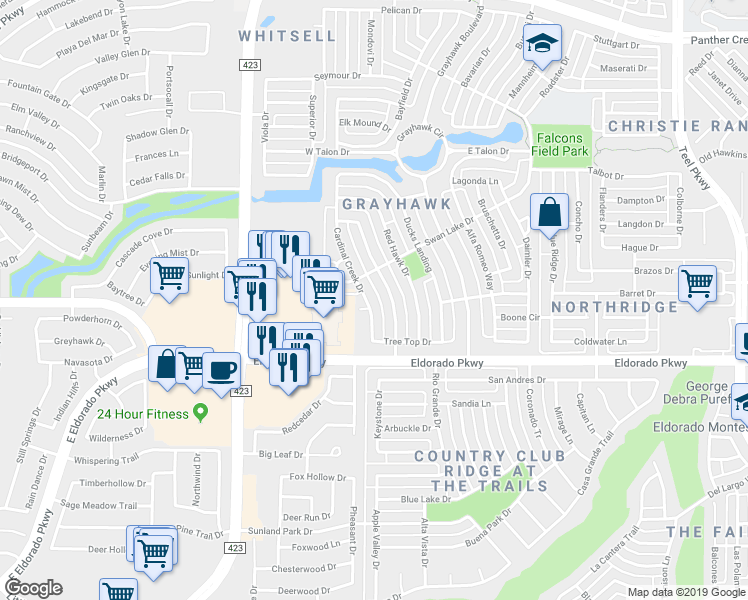 map of restaurants, bars, coffee shops, grocery stores, and more near 12252 Cardinal Creek Drive in Frisco