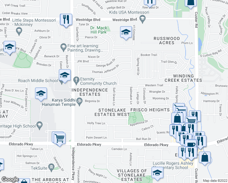 map of restaurants, bars, coffee shops, grocery stores, and more near Sea Eagle Lane in Frisco