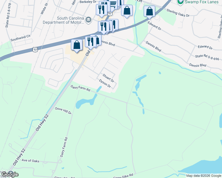 map of restaurants, bars, coffee shops, grocery stores, and more near 1400 Aubry Drive in Moncks Corner