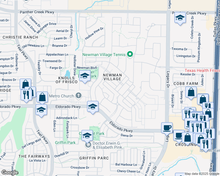 map of restaurants, bars, coffee shops, grocery stores, and more near 3680 Country Walk Court in Frisco