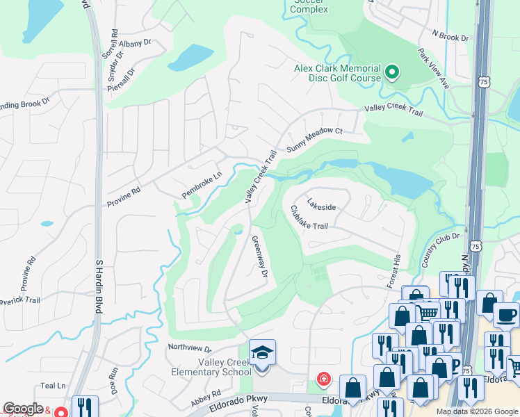 map of restaurants, bars, coffee shops, grocery stores, and more near 2615 Brookside Court in McKinney