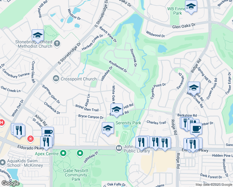 map of restaurants, bars, coffee shops, grocery stores, and more near 2109 White Oak Road in McKinney