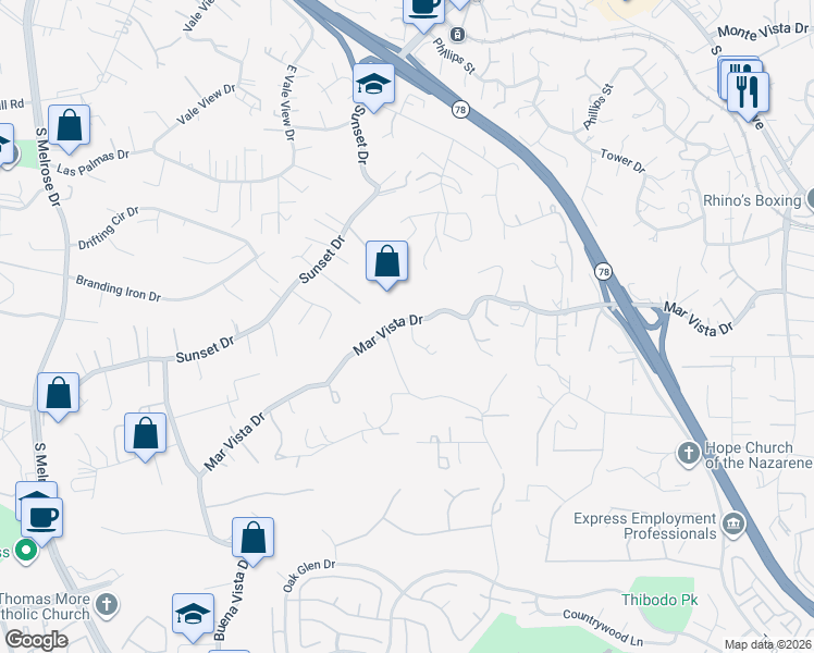 map of restaurants, bars, coffee shops, grocery stores, and more near 720 Mar Vista Drive in Vista