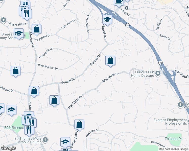 map of restaurants, bars, coffee shops, grocery stores, and more near 1061 Via Carina in Vista