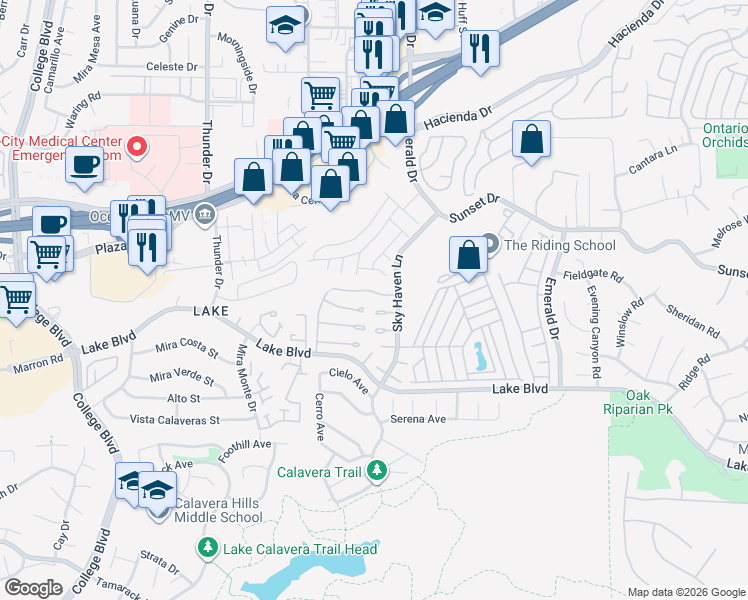 map of restaurants, bars, coffee shops, grocery stores, and more near 4264 Shadow Lane in Oceanside