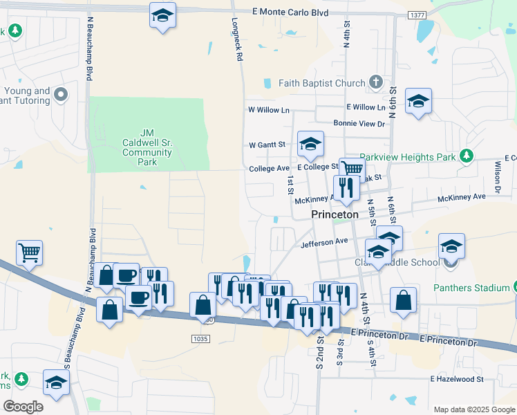 map of restaurants, bars, coffee shops, grocery stores, and more near 716 Prairie Creek Drive in Princeton