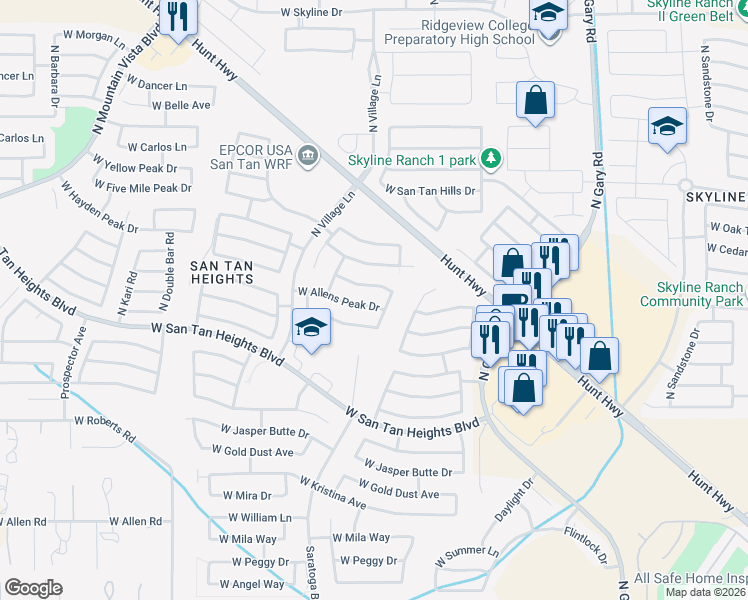 map of restaurants, bars, coffee shops, grocery stores, and more near 2320 West Allens Peak Drive in Queen Creek