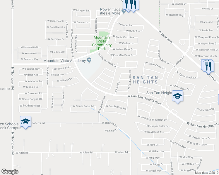 map of restaurants, bars, coffee shops, grocery stores, and more near 3406 W Mineral Butte Dr in San Tan Valley