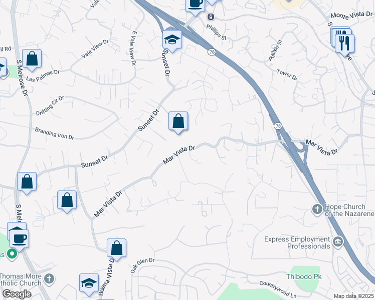 map of restaurants, bars, coffee shops, grocery stores, and more near 736 Mar Vista Drive in Vista