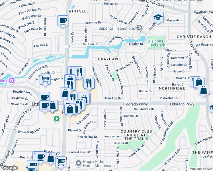 map of restaurants, bars, coffee shops, grocery stores, and more near 12289 Hawk Creek Drive in Frisco