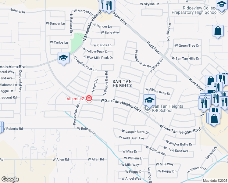 map of restaurants, bars, coffee shops, grocery stores, and more near 33136 North Cherry Creek Road in Queen Creek