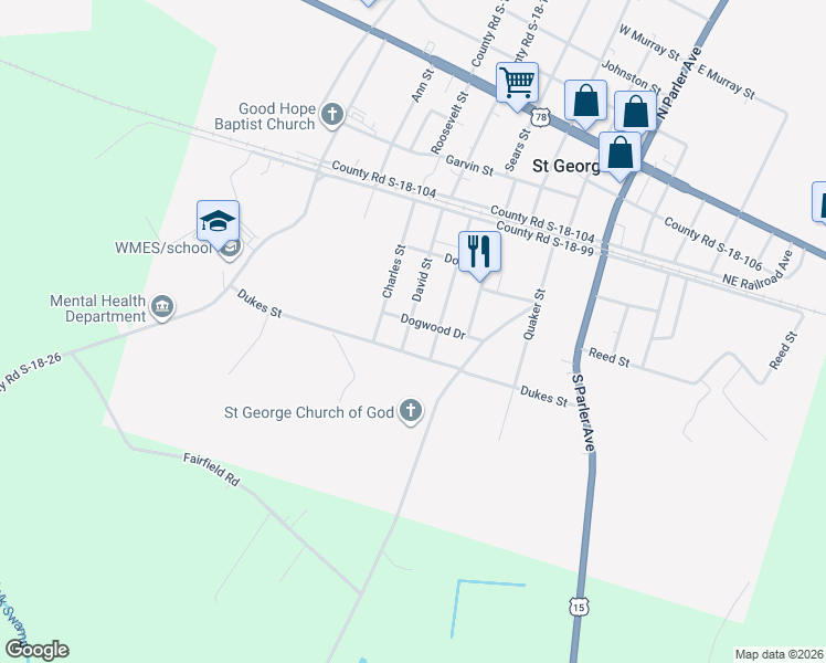 map of restaurants, bars, coffee shops, grocery stores, and more near 182 Sara Street in Saint George