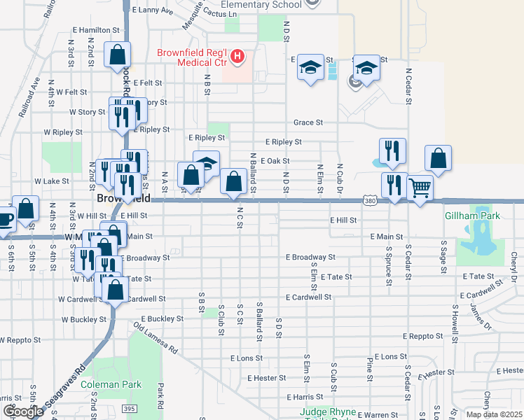map of restaurants, bars, coffee shops, grocery stores, and more near 906 East Hill Street in Brownfield
