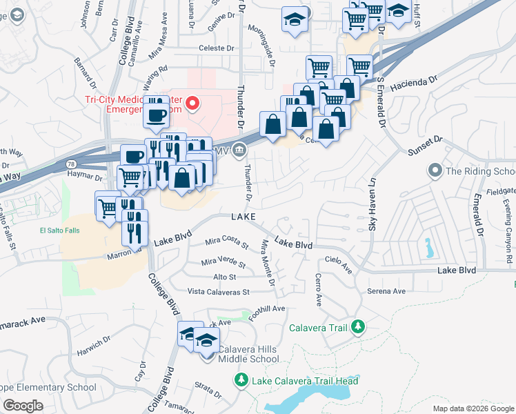 map of restaurants, bars, coffee shops, grocery stores, and more near 3551 Sandpiper Place in Oceanside