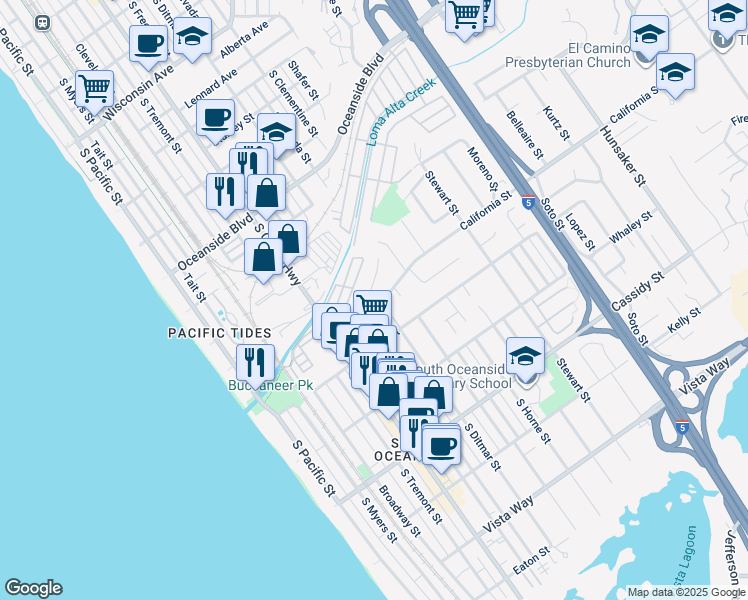 map of restaurants, bars, coffee shops, grocery stores, and more near 694 California Street in Oceanside