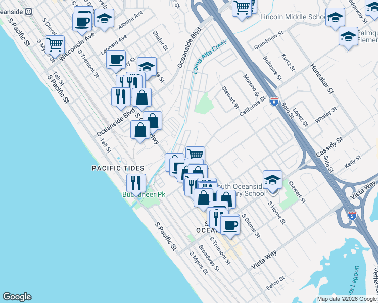map of restaurants, bars, coffee shops, grocery stores, and more near 694 California Street in Oceanside