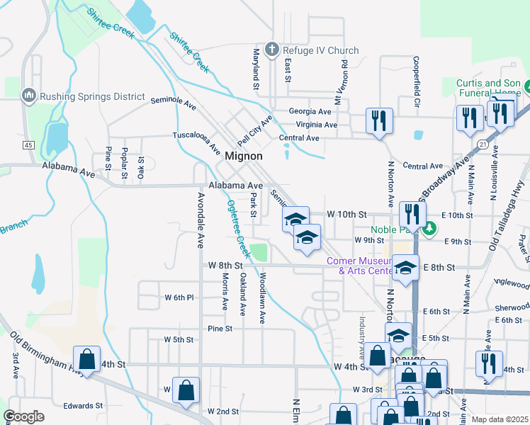 map of restaurants, bars, coffee shops, grocery stores, and more near 26 Ashby Avenue in Sylacauga