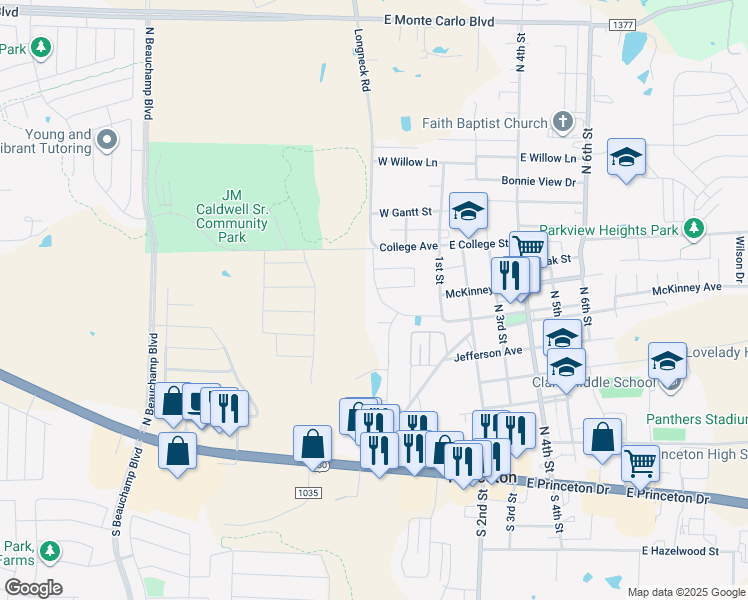 map of restaurants, bars, coffee shops, grocery stores, and more near 734 Prairie Creek Drive in Princeton