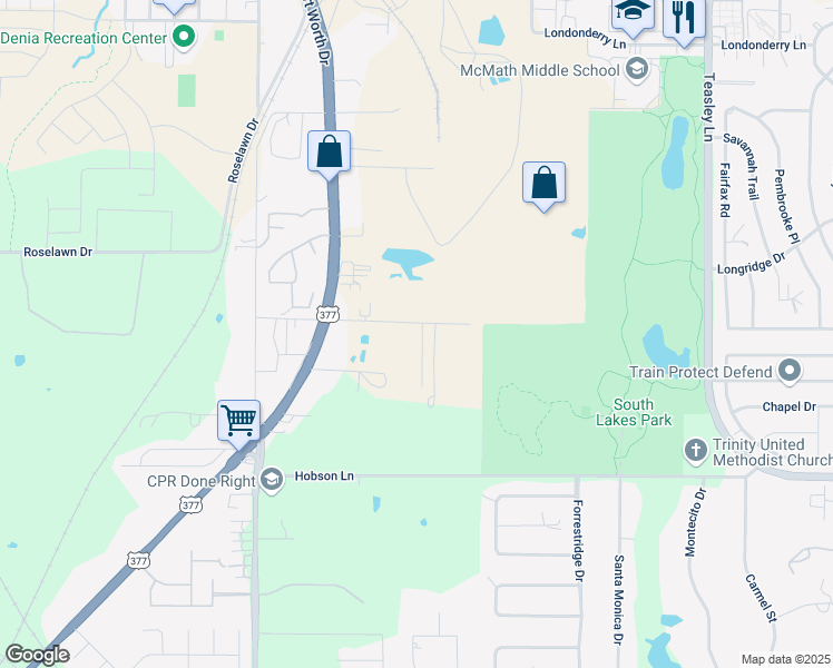 map of restaurants, bars, coffee shops, grocery stores, and more near 320 East Mission Street in Denton