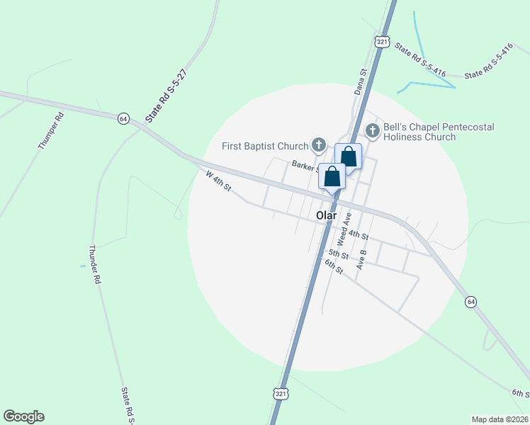 map of restaurants, bars, coffee shops, grocery stores, and more near 591 4th Street in Olar