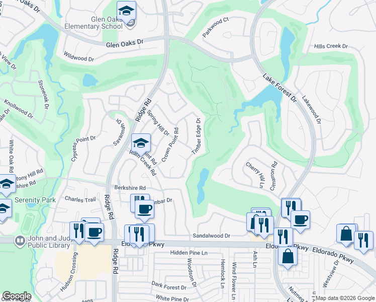 map of restaurants, bars, coffee shops, grocery stores, and more near 1603 Timber Edge Drive in McKinney