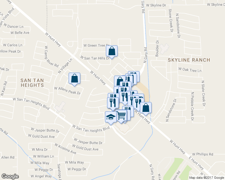 map of restaurants, bars, coffee shops, grocery stores, and more near 2510 W Hunt Hwy in Queen Creek