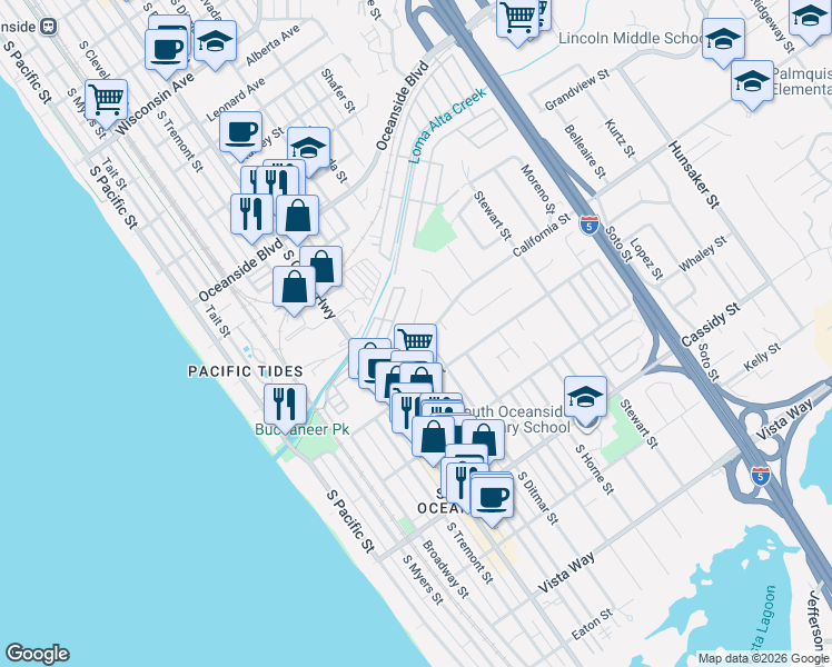 map of restaurants, bars, coffee shops, grocery stores, and more near 1425 La Salina Street in Oceanside