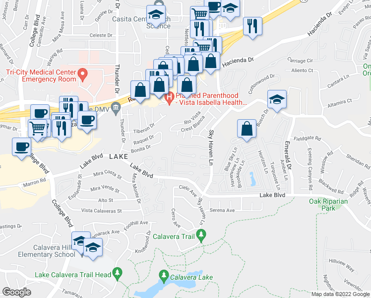 map of restaurants, bars, coffee shops, grocery stores, and more near 3516 North Sundown Lane in Oceanside