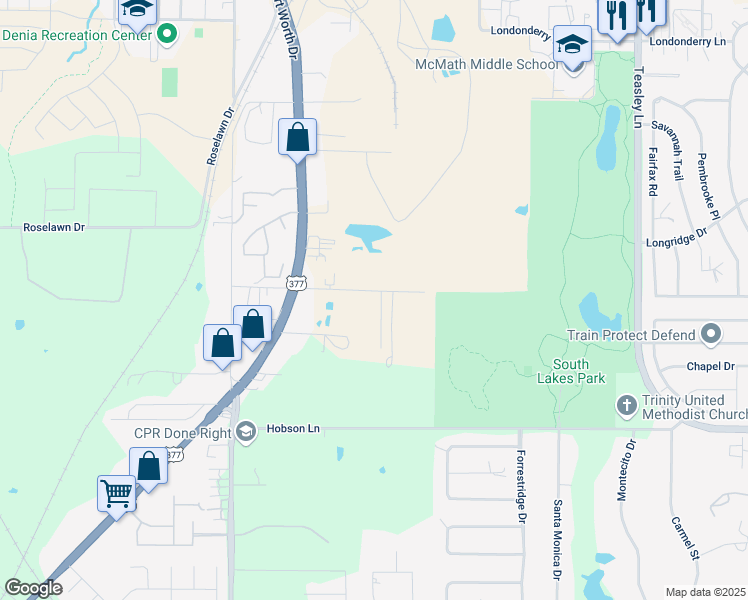 map of restaurants, bars, coffee shops, grocery stores, and more near 320 East Mission Street in Denton