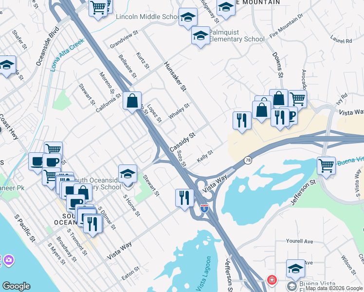 map of restaurants, bars, coffee shops, grocery stores, and more near 1806 Soto Street in Oceanside