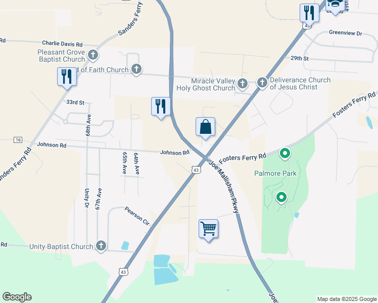 map of restaurants, bars, coffee shops, grocery stores, and more near 6219 Johnson Road in Tuscaloosa