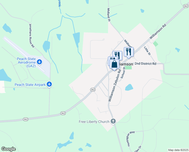 map of restaurants, bars, coffee shops, grocery stores, and more near 1060 Georgia 362 in Williamson