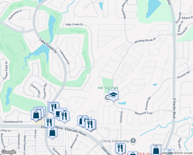 map of restaurants, bars, coffee shops, grocery stores, and more near 1105 Shady Oaks Circle in McKinney