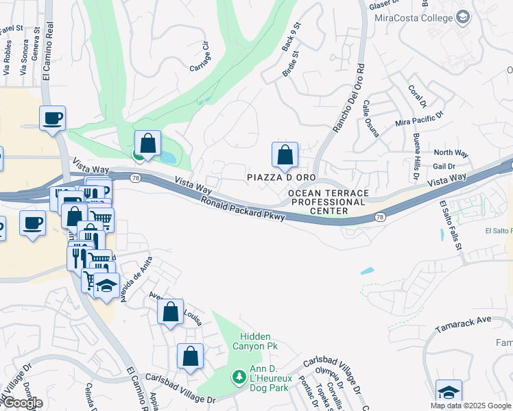 map of restaurants, bars, coffee shops, grocery stores, and more near 2610-2660 Ronald Packard Parkway in Oceanside