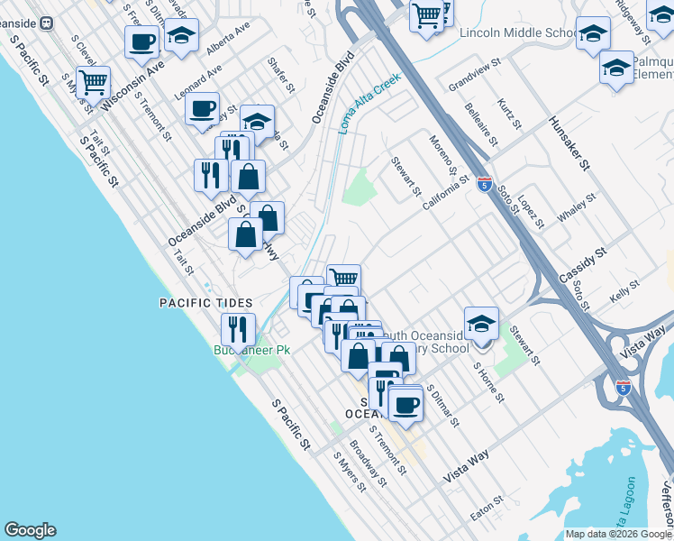 map of restaurants, bars, coffee shops, grocery stores, and more near 694 California Street in Oceanside
