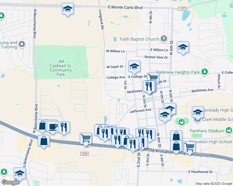 map of restaurants, bars, coffee shops, grocery stores, and more near 716 Prairie Creek Drive in Princeton