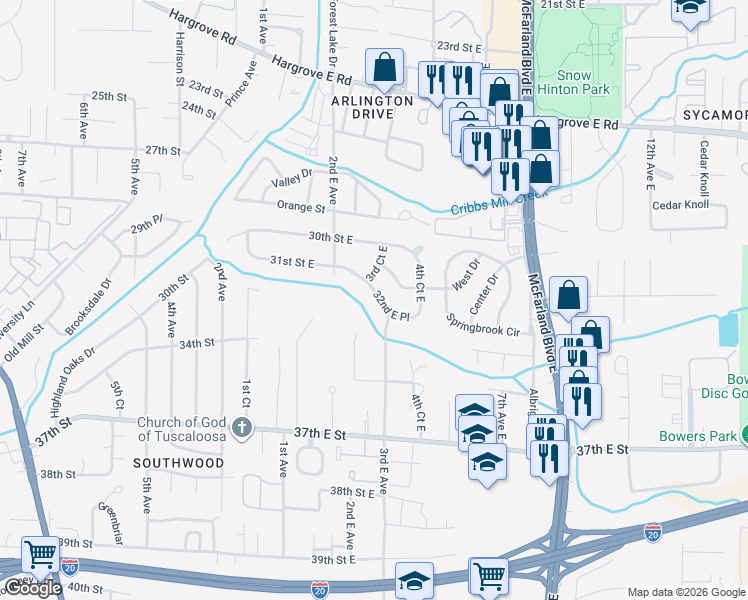 map of restaurants, bars, coffee shops, grocery stores, and more near 319 32nd Place East in Tuscaloosa
