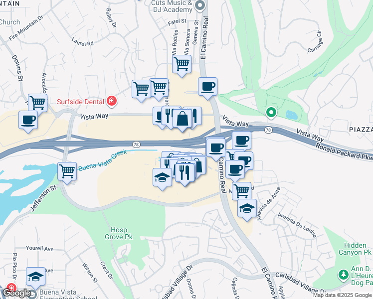 map of restaurants, bars, coffee shops, grocery stores, and more near 2545 El Camino Real in Oceanside
