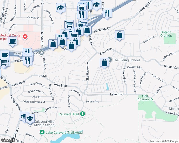 map of restaurants, bars, coffee shops, grocery stores, and more near 14 Blue Sky Lane in Oceanside