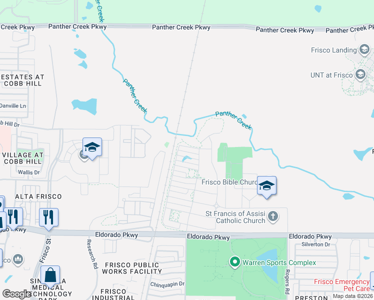 map of restaurants, bars, coffee shops, grocery stores, and more near 7253 Sacaton Trail in Frisco