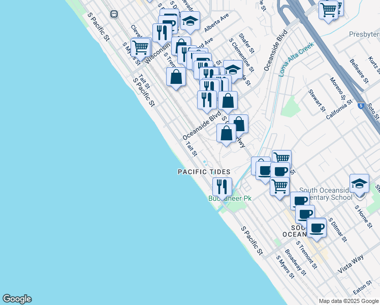 map of restaurants, bars, coffee shops, grocery stores, and more near 1226 South Pacific Street in Oceanside
