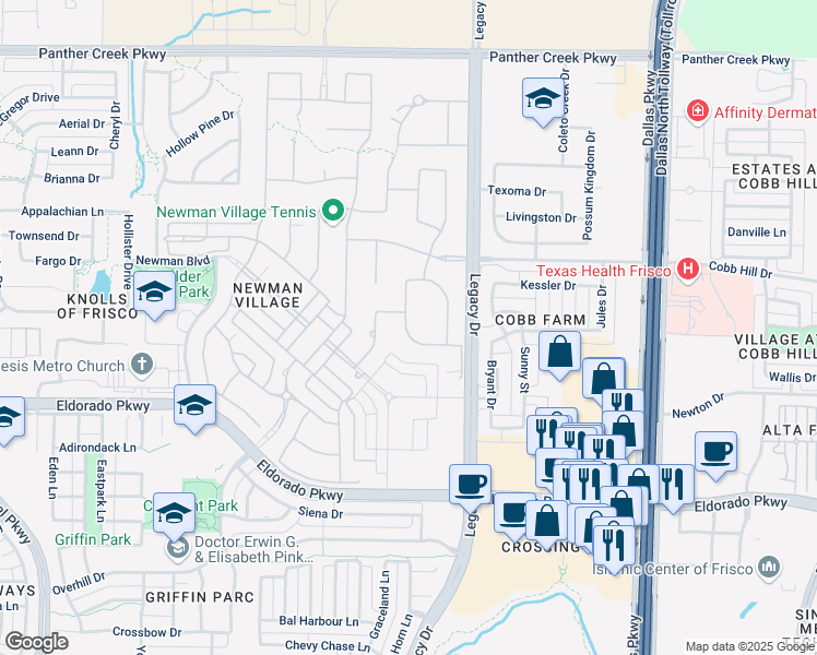 map of restaurants, bars, coffee shops, grocery stores, and more near 12331 Legacy Drive in Frisco