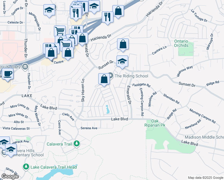 map of restaurants, bars, coffee shops, grocery stores, and more near 166 Horizon Lane in Oceanside