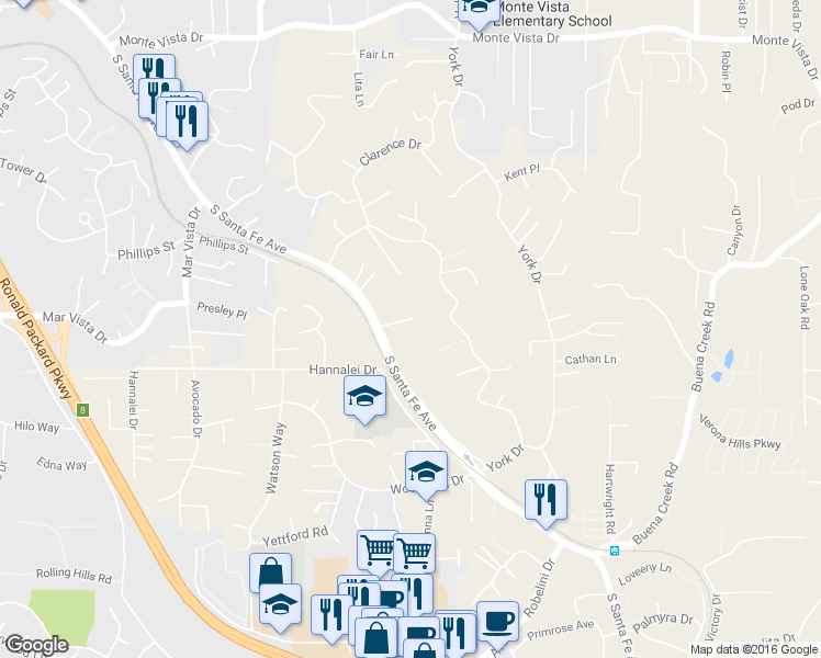 map of restaurants, bars, coffee shops, grocery stores, and more near 1520 Sunbury Court in Vista
