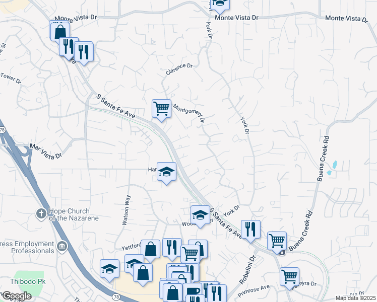 map of restaurants, bars, coffee shops, grocery stores, and more near 1520 Sunbury Court in Vista