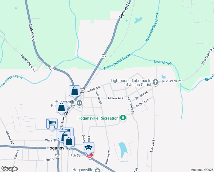 map of restaurants, bars, coffee shops, grocery stores, and more near 301 Green Avenue in Hogansville