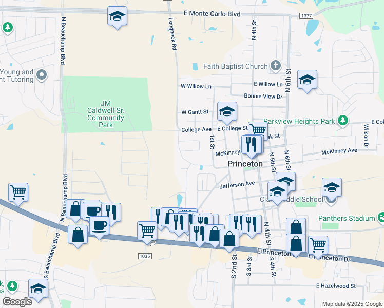 map of restaurants, bars, coffee shops, grocery stores, and more near 172 Prairie Creek Circle in Princeton